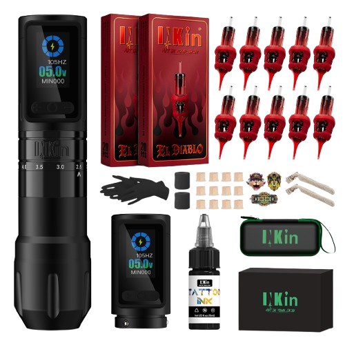 INKin Inferno Adjustable Stoke Full Beginner Set Wireless Tattoo Machine Kit -- EU Warehouse