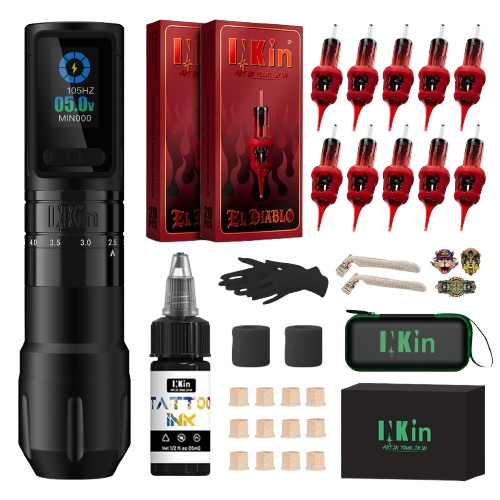 INKin Inferno Adjustable Stoke Full Beginner Set Wireless Tattoo Machine Kit -- EU Warehouse