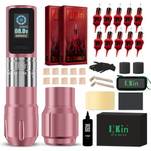 INKin Inferno Adjustable Stroke Wireless Tattoo Machine Kit with Ink & Cartridges – Full Beginner Tattoo Set Pink