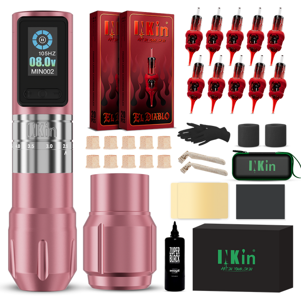 INKin Inferno Adjustable Stroke Wireless Tattoo Machine Kit with Ink & Cartridges – Full Beginner Tattoo Set Pink - INKin Tattoo Supply