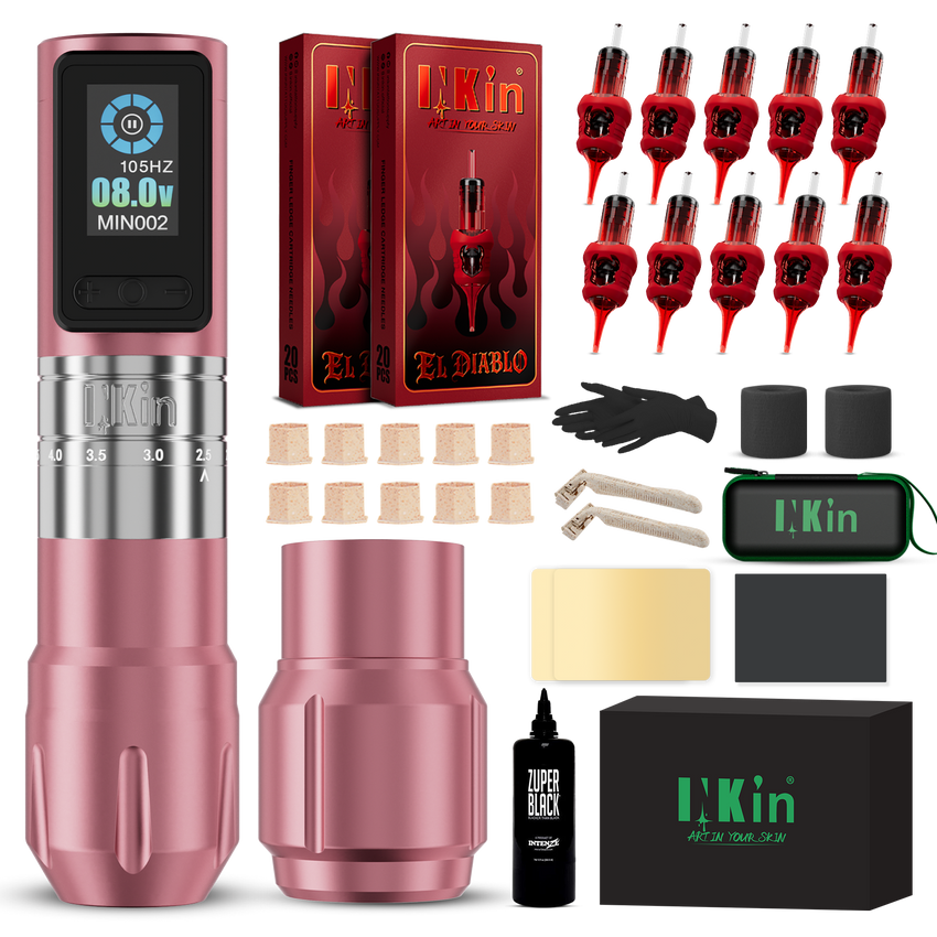 INKin Inferno Adjustable Stroke Wireless Tattoo Machine Kit with Ink & Cartridges – Full Beginner Tattoo Set Pink