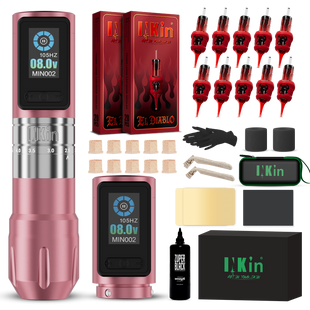 INKin Inferno Adjustable Stroke Wireless Tattoo Machine Kit with Ink & Cartridges – Full Beginner Tattoo Set Pink