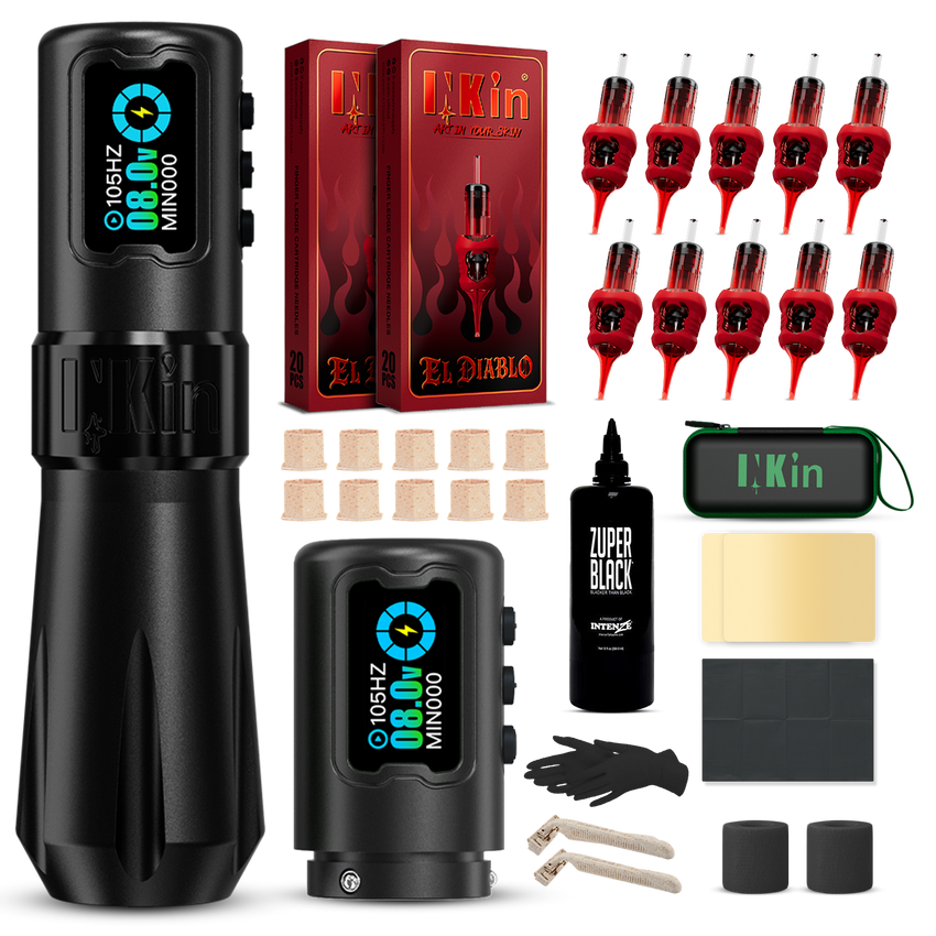 INKin Rampage 4.0/4.5mm Stroke Wireless Tattoo Machine Kit with Ink & Cartridges – Complete Tattoo Set