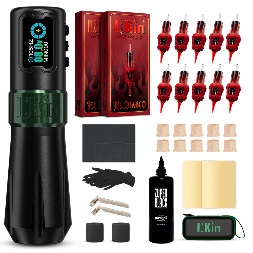 INKin Rampage 4.0/4.5mm Stroke Wireless Tattoo Machine Kit with Ink & Cartridges – Complete Tattoo Set