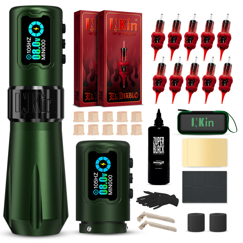 INKin Rampage 4.0/4.5mm Stroke Wireless Tattoo Machine Kit with Ink & Cartridges – Complete Tattoo Set