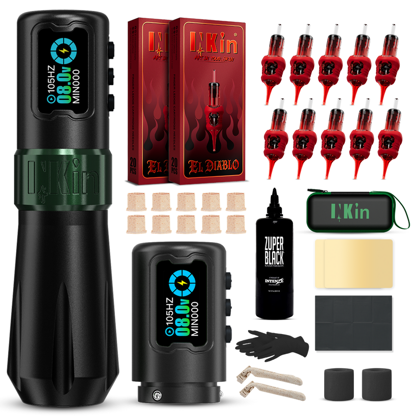INKin Rampage 4.0/4.5mm Stroke Wireless Tattoo Machine Kit with Ink & Cartridges – Complete Tattoo Set