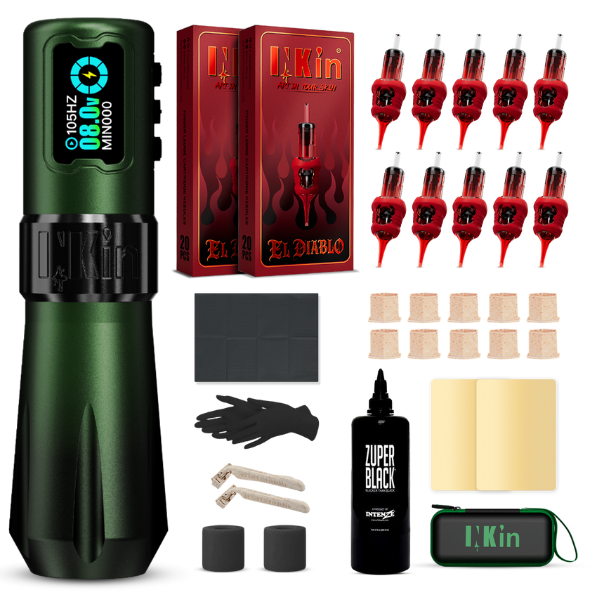 INKin Rampage 4.0/4.5mm Stroke Wireless Tattoo Machine Kit with Ink & Cartridges – Complete Tattoo Set