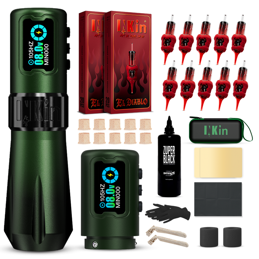 INKin Rampage 4.0/4.5mm Stroke Wireless Tattoo Machine Kit with Ink & Cartridges – Complete Tattoo Set