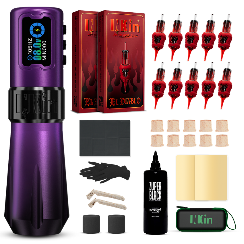 INKin Rampage 4.0/4.5mm Stroke Wireless Tattoo Machine Kit with Ink & Cartridges – Complete Tattoo Set