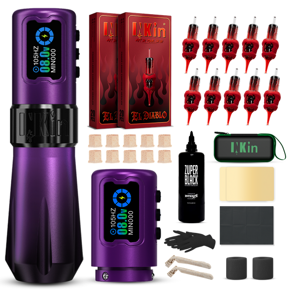 INKin Rampage 4.0/4.5mm Stroke Wireless Tattoo Machine Kit with Ink & Cartridges – Complete Tattoo Set