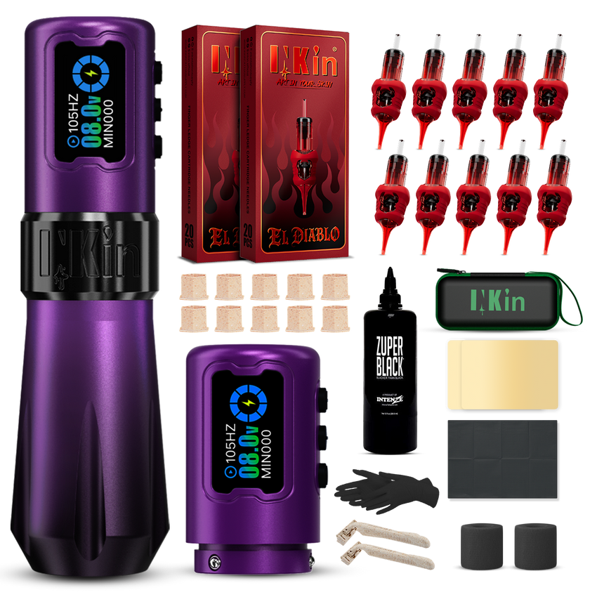 INKin Rampage 4.0/4.5mm Stroke Wireless Tattoo Machine Kit with Ink & Cartridges – Complete Tattoo Set