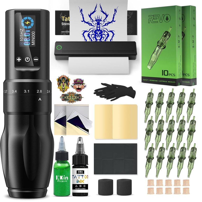 INKin Tattoo Machine Kit, Wireless Tattoo Machine with 2.2-4.2mm Stroke Length and 1600mAh Batteries, Complete Tattoo Accessory Set with Bluetooth Tattoo Printer, Stencil Supplies, Tattoo Ink and Needles - INKin Tattoo Supply