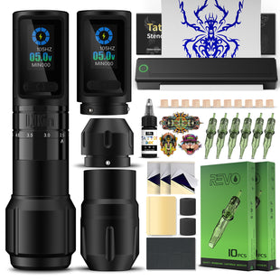 INFERNO Wireless Tattoo Machine Kit with Stencil Printer – Complete Tattoo Kit with Dual Battery, Transfer Paper, Ink & Accessories