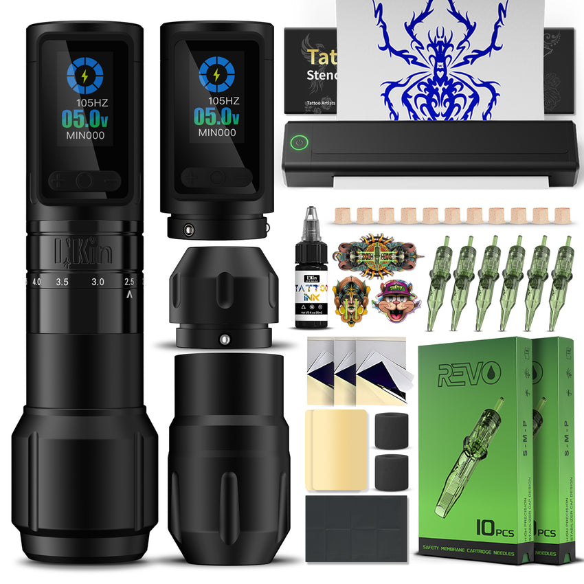 INFERNO Wireless Tattoo Machine Kit with Stencil Printer – Complete Tattoo Kit with Dual Battery, Transfer Paper, Ink & Accessories - INKin Tattoo Supply