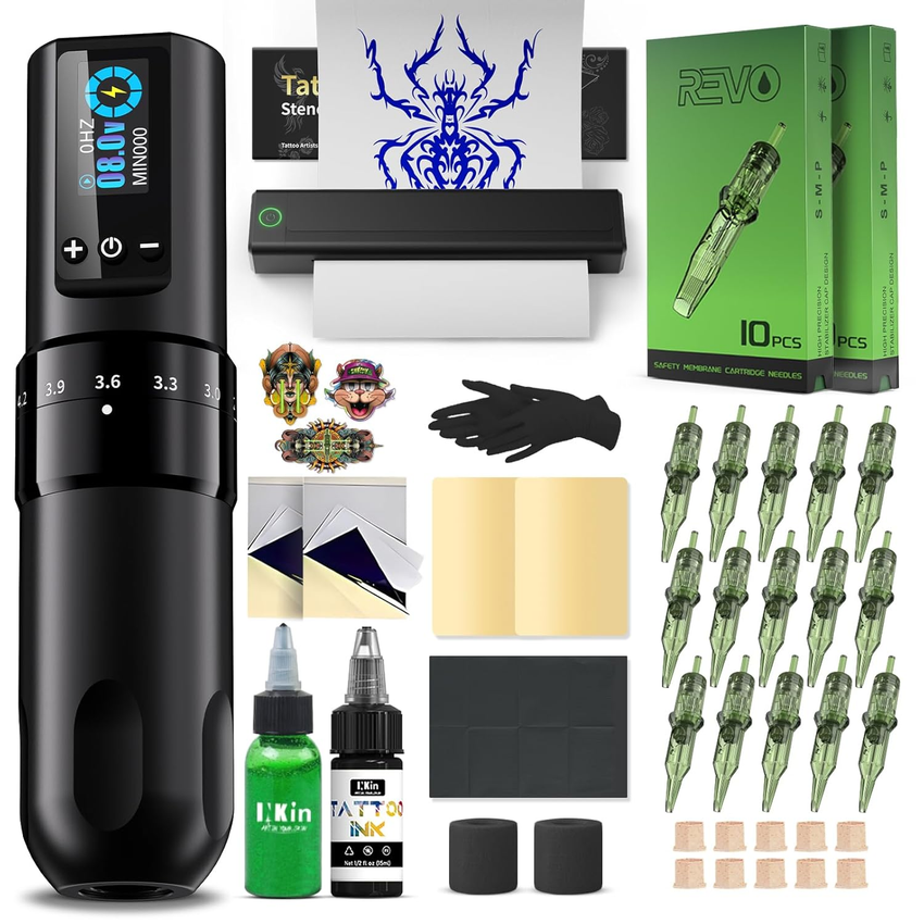 INKin Tattoo Machine Kit, Wireless Tattoo Machine with 2.2-4.2mm Stroke Length and 1600mAh Batteries, Complete Tattoo Accessory Set with Bluetooth Tattoo Printer, Stencil Supplies, Tattoo Ink and Needles - INKin Tattoo Supply