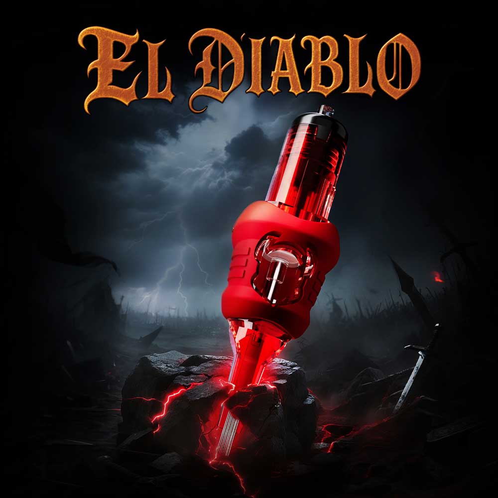 INKin El Diablo finger ledge red tattoo cartridges, with extra-long taper, textured tip, and detachable silicone cover.