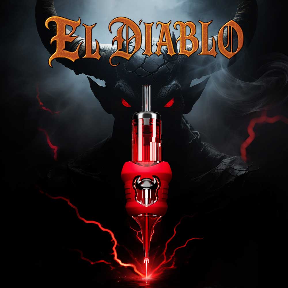 INKin El Diablo finger ledge red tattoo cartridges, with extra-long taper, textured tip, and detachable silicone cover.