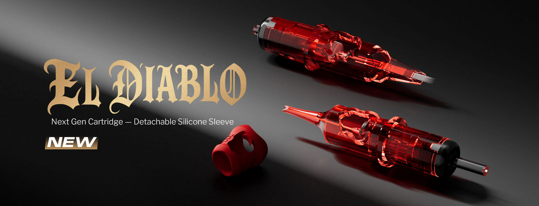INKin El Diablo finger ledge red tattoo cartridges, with extra-long taper, textured tip, and detachable silicone cover.