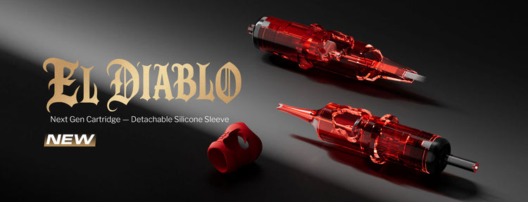 INKin El Diablo finger ledge red tattoo cartridges, with extra-long taper, textured tip, and detachable silicone cover.
