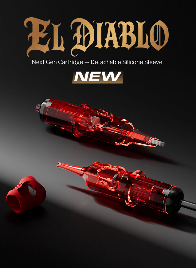 INKin El Diablo finger ledge red tattoo cartridges, with extra-long taper, textured tip, and detachable silicone cover.