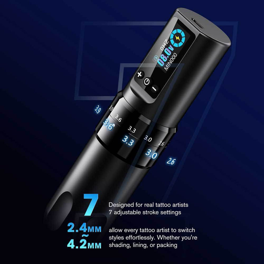 INKin Tattoo Gun Kit, Wireless Machine Pen with 2.2mm - 4.0mm Adjustable Stroke Length and 1600mAh Power Supply, Complete Set with Mixed Revo Cartridges Needles and 8Pcs Tattoo Ink - INKin Tattoo Supply