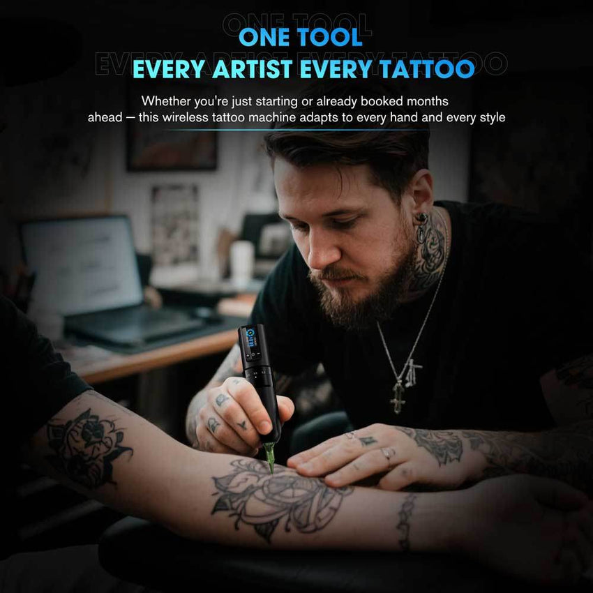 INKin Tattoo Gun Kit, Wireless Machine Pen with 2.2mm - 4.0mm Adjustable Stroke Length and 1600mAh Power Supply, Complete Set with Mixed Revo Cartridges Needles and 8Pcs Tattoo Ink - INKin Tattoo Supply