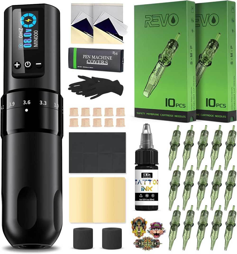 INKin Tattoo Gun Kit, Wireless Machine Pen with 2.2mm - 4.0mm Adjustable Stroke Length and 1600mAh Power Supply, Complete Set with Mixed Revo Cartridges Needles and 8Pcs Tattoo Ink - INKin Tattoo Supply