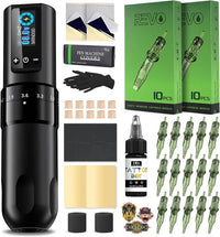 INKin Tattoo Gun Kit, Wireless Machine Pen with 2.2mm - 4.0mm Adjustable Stroke Length and 1600mAh Power Supply, Complete Set with Mixed Revo Cartridges Needles and 8Pcs Tattoo Ink - INKin Tattoo Supply
