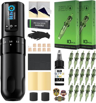 INKin Tattoo Gun Kit, Wireless Machine Pen with 2.2mm - 4.0mm Adjustable Stroke Length and 1600mAh Power Supply, Complete Set with Mixed Revo Cartridges Needles and 8Pcs Tattoo Ink