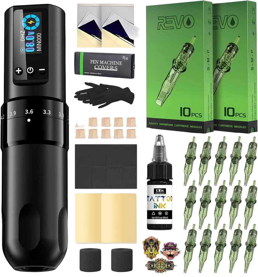 INKin Tattoo Gun Kit, Wireless Machine Pen with 2.2mm - 4.0mm Adjustable Stroke Length and 1600mAh Power Supply, Complete Set with Mixed Revo Cartridges Needles and 8Pcs Tattoo Ink